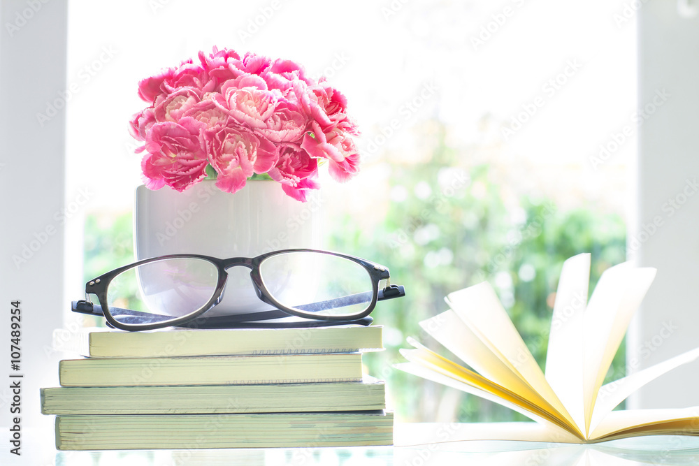 清新的粉红色康乃馨花，以书为背景，生命之旅