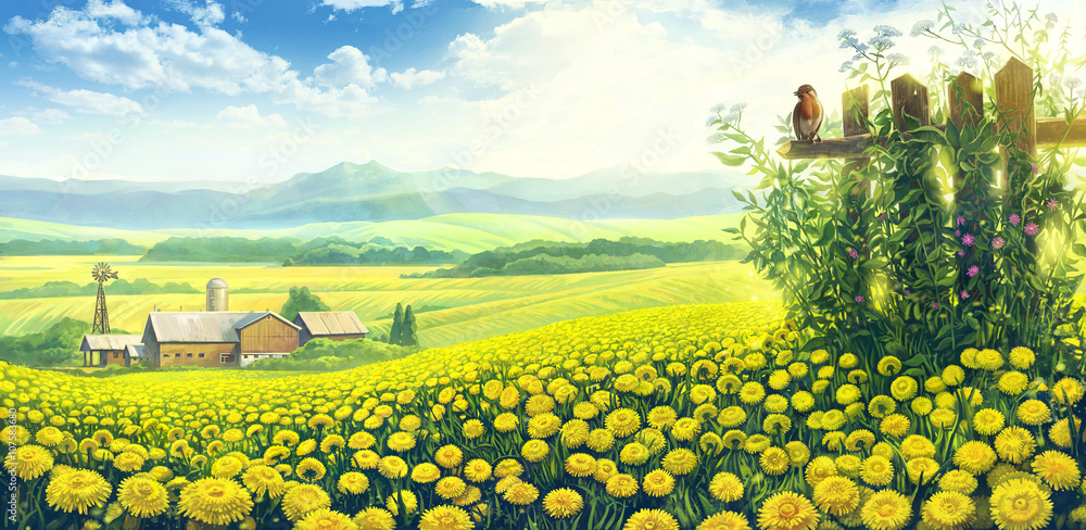 背景图上有一片蒲公英和农场的夏季乡村景观。