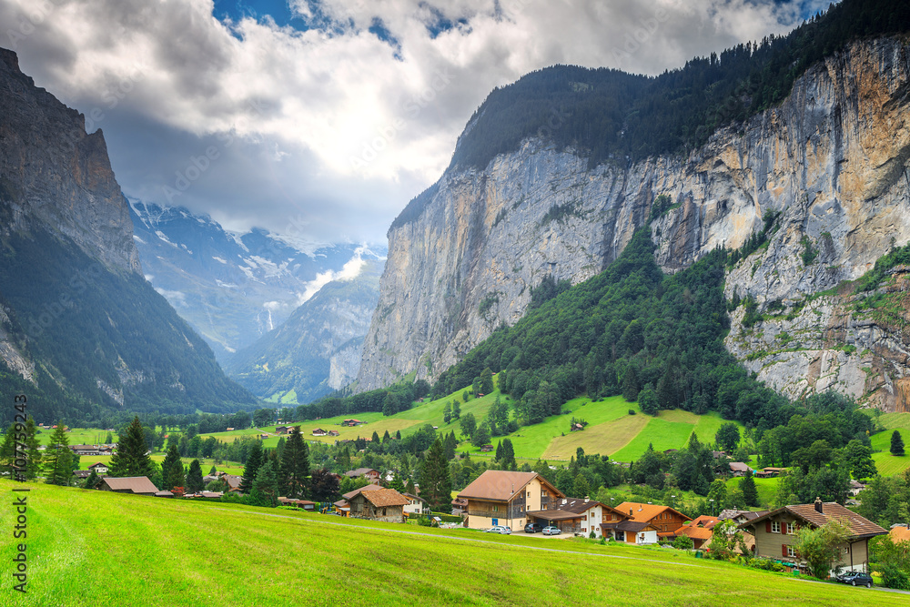 Spectacular Lauterbrunnen town with high cliffs,Bernese Oberland,Switzerland,Europe