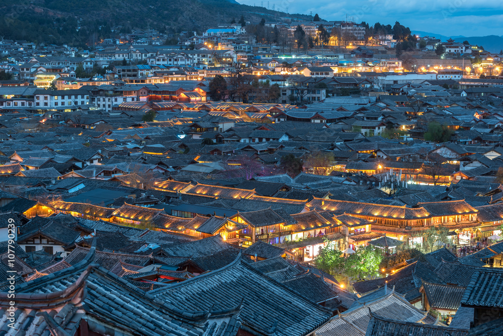 Lijiang Old Town bird eye top top view with local historical arc