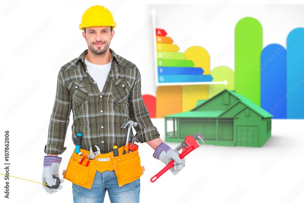 Composite image of manual worker holding various tools 