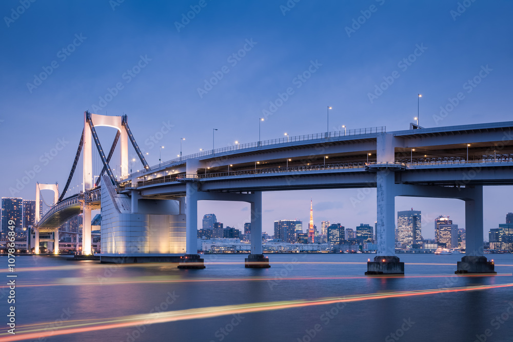 Tokyo bay view with Tokyo Rainbow bridge and Tokyo Tower in evening