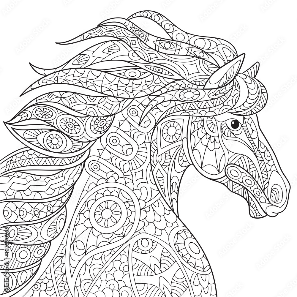 Zentangle风格的卡通马（野马），孤立在白色背景上。adul手绘草图