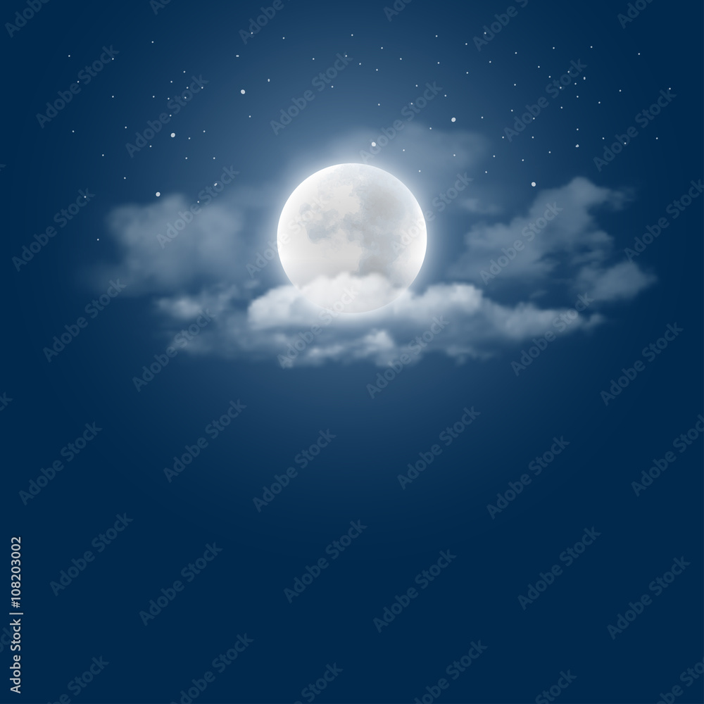 神秘的夜空背景，满月、云朵和星星。月光之夜。矢量插图