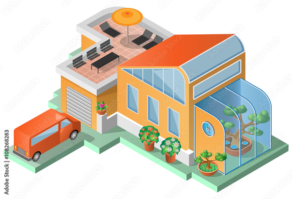 House with terrace, winter garden and a van. Isometric view. Vector illustration.