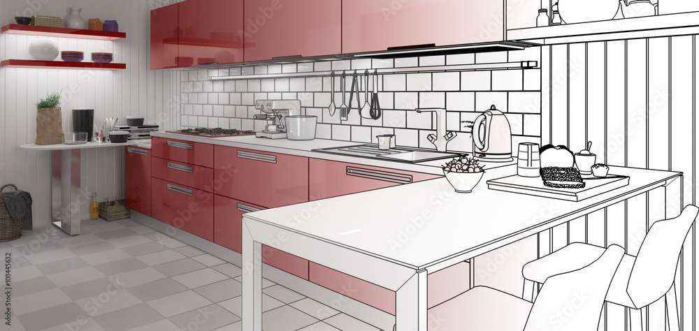 Entwurf einer Küche in Rot (Panorama)