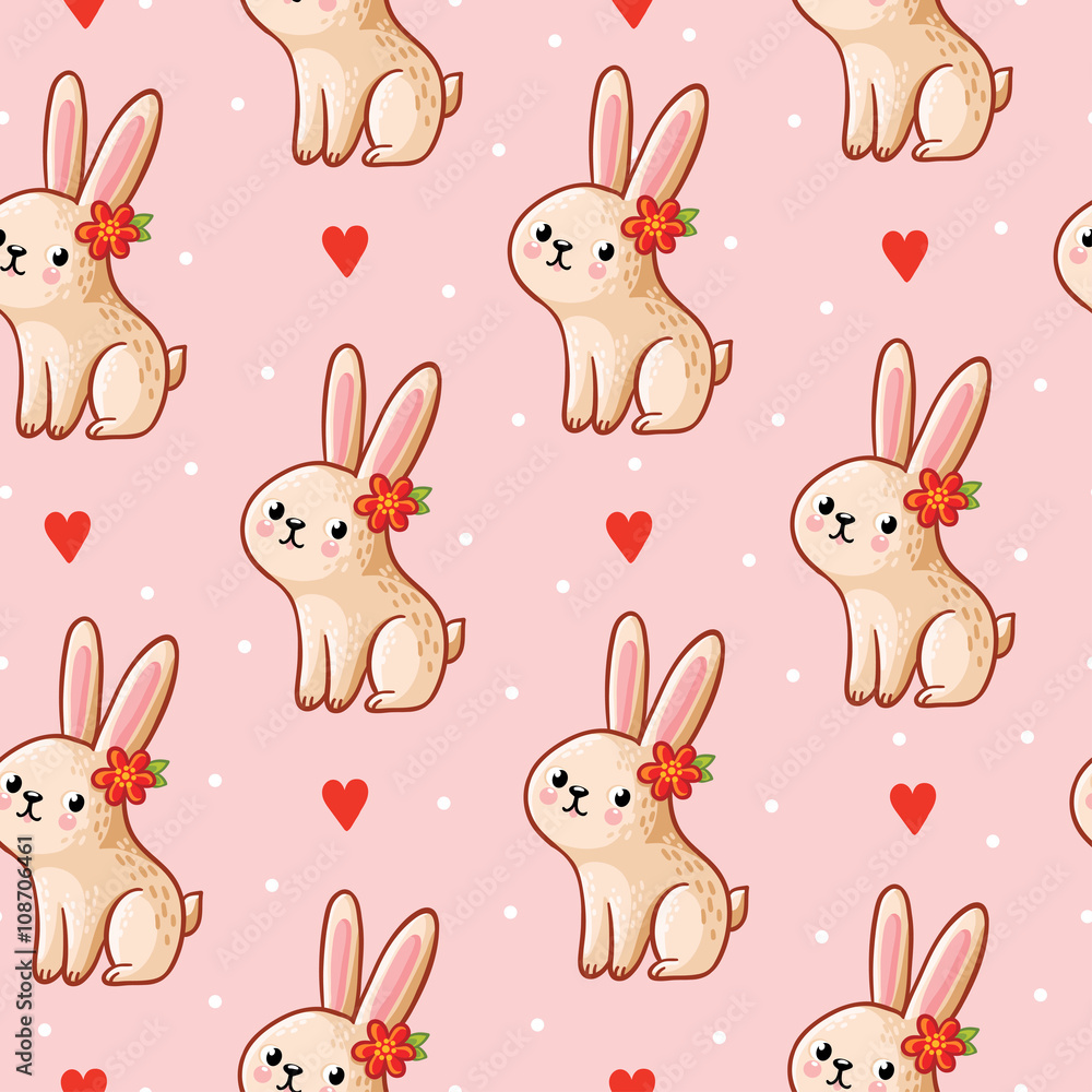 矢量无缝图案，粉色背景上有可爱的兔子。
