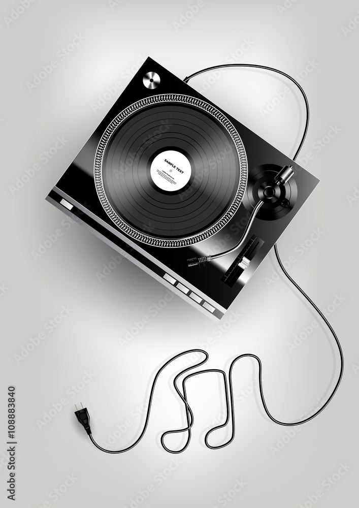 Vinyl record player on grey background, advertisement, Vector