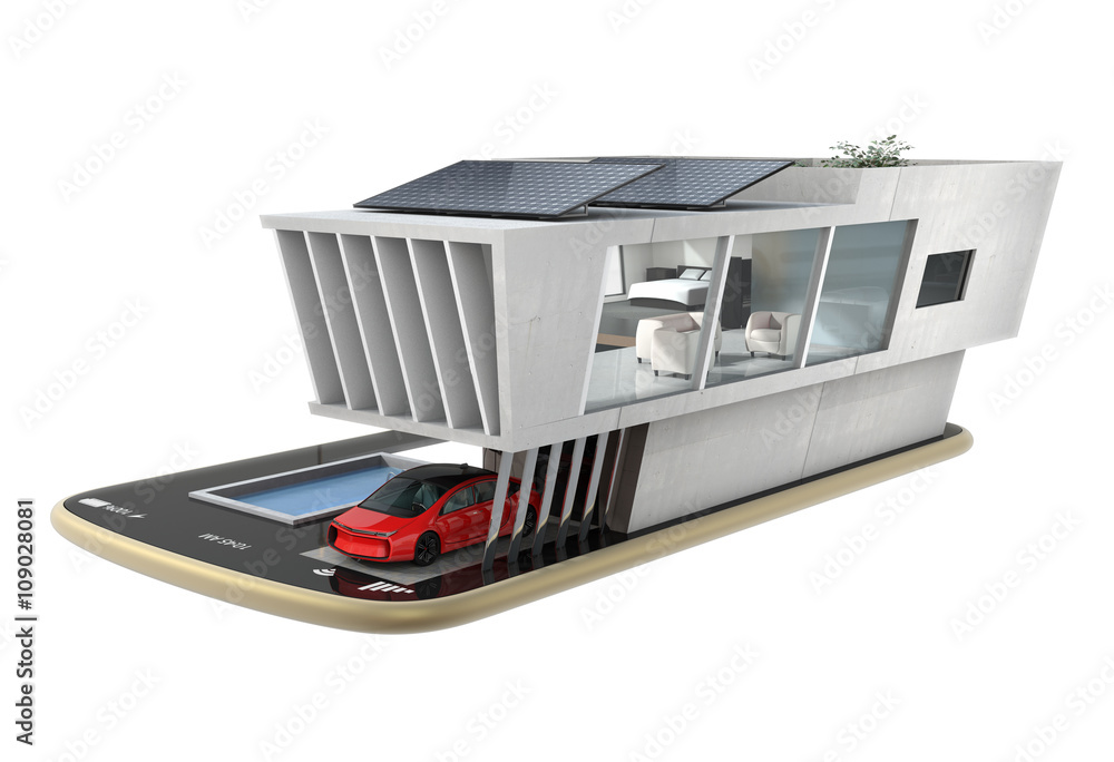 配备太阳能电池板的节能住宅，智能手机上的节能电器。autom