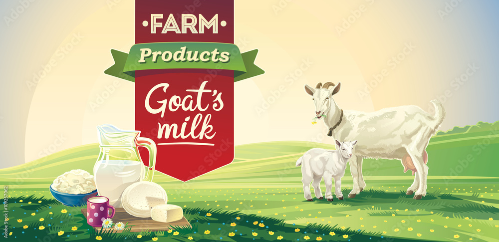 Country landscape with goat and kid and set dairy product. Vector illustration.