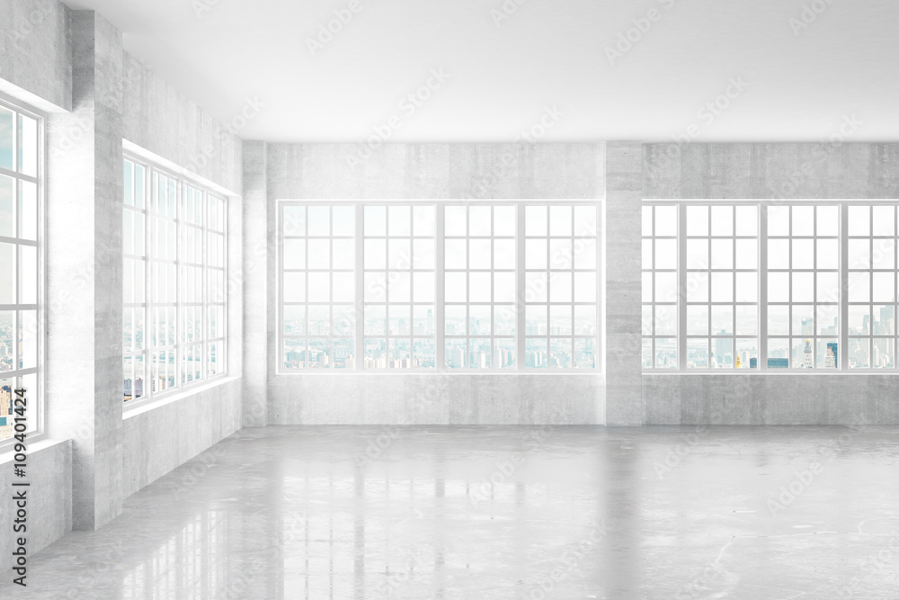 空的轻质混凝土室内，带窗户和城市景观，3D Ren