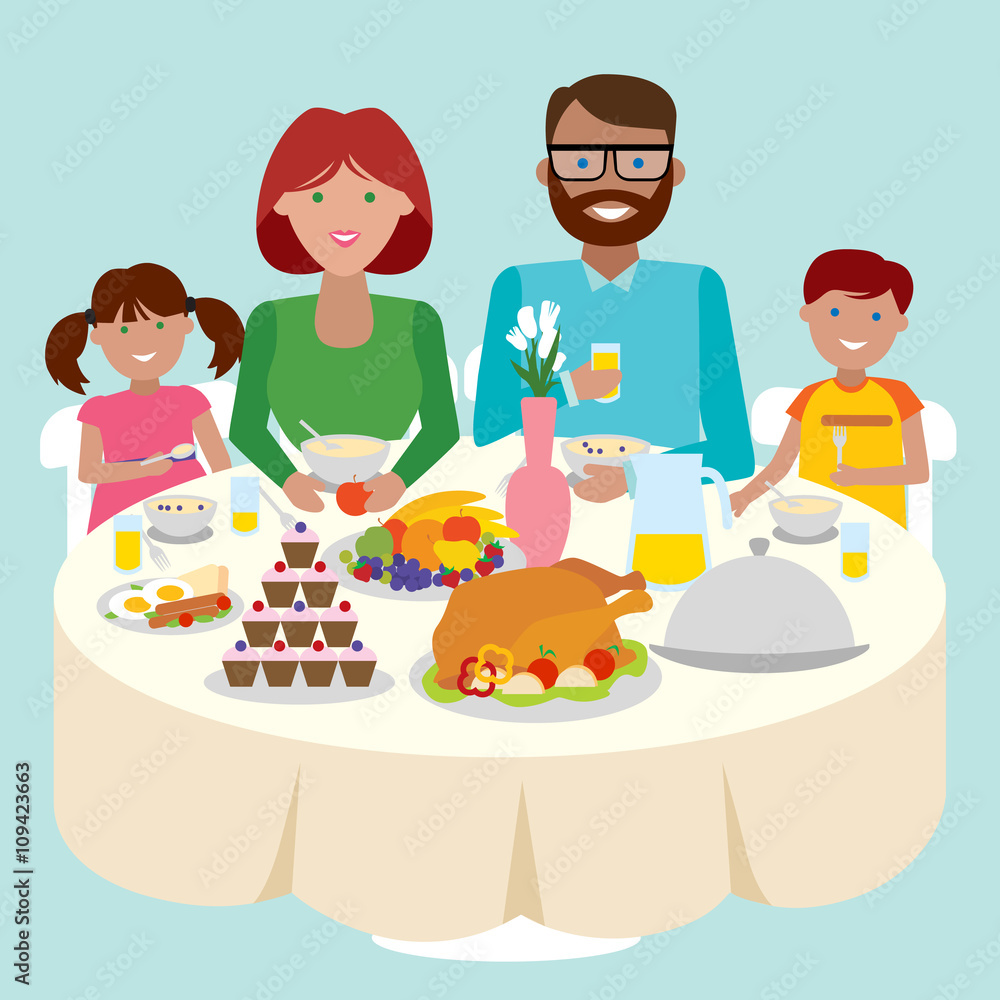 快乐的高加索家庭餐桌。感恩节庆祝活动。蛋糕和火鸡。节日团聚