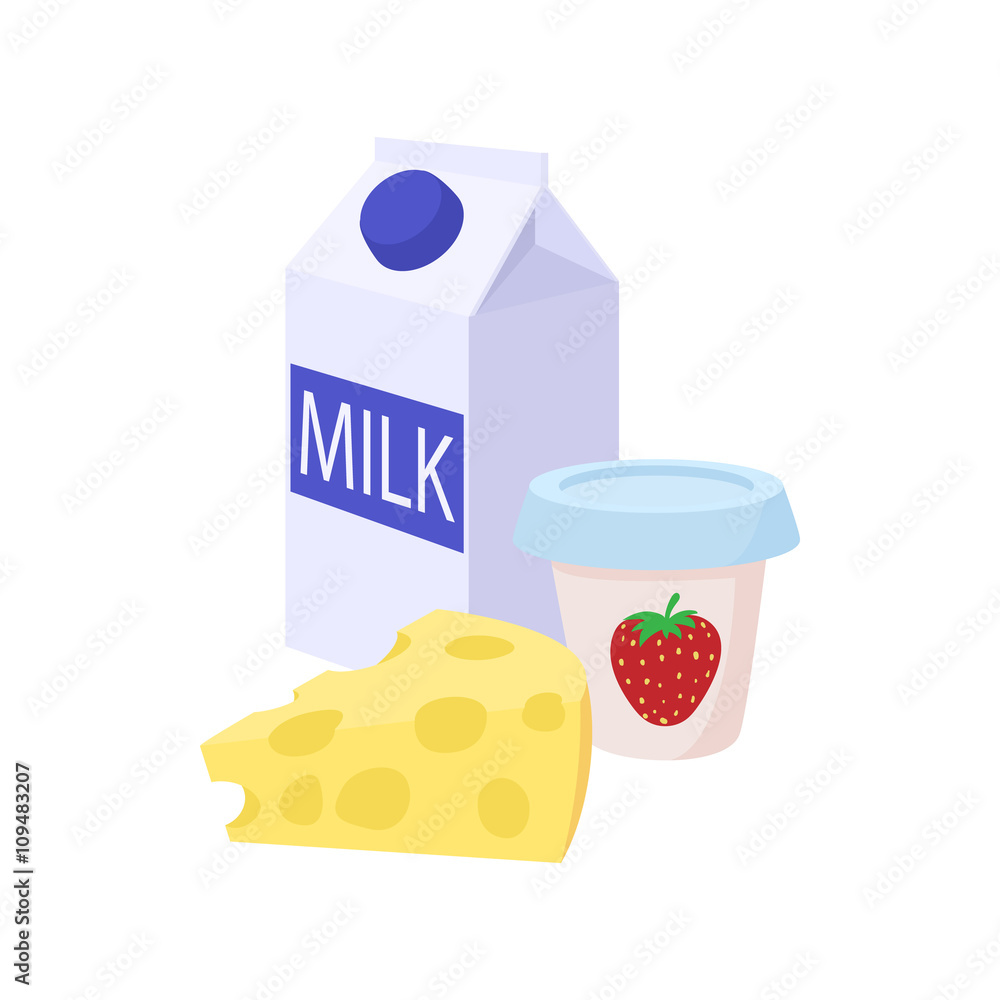 牛奶、奶酪和酸奶图标，卡通风格