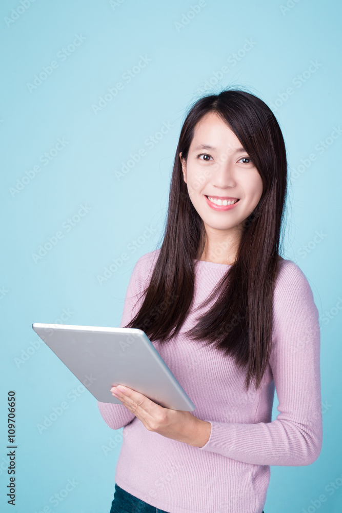 happy woman using tablet pc