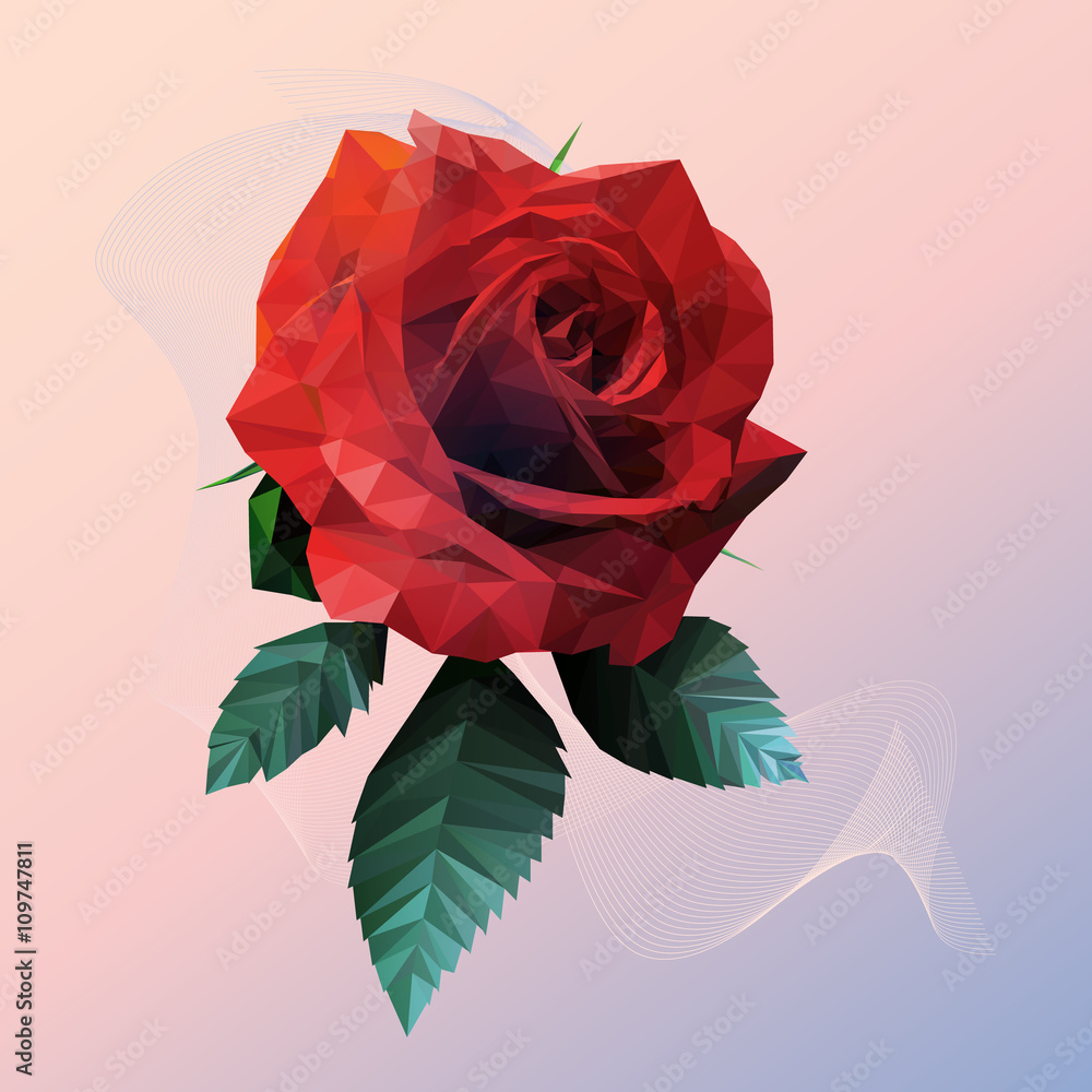 粉蓝色背景下的浪漫红玫瑰低多边形