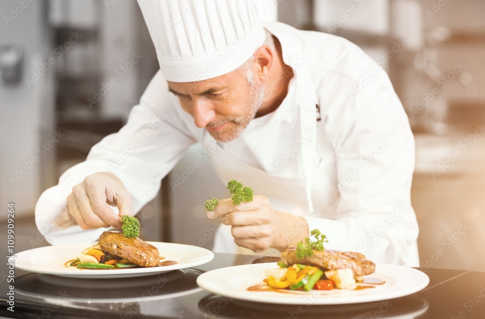 Concentrated male chef garnishing food in kitchen