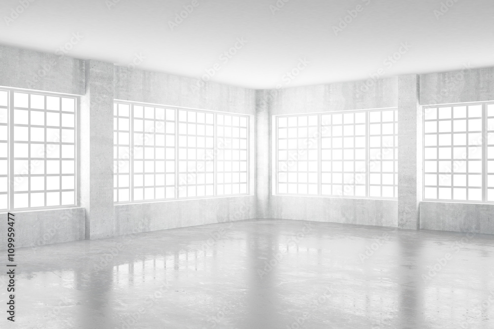 空的浅色混凝土房间，带窗户，3D渲染