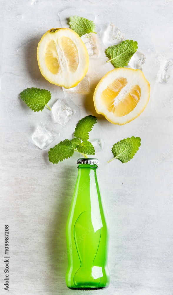 绿色柠檬水瓶，钢底配料和冰块