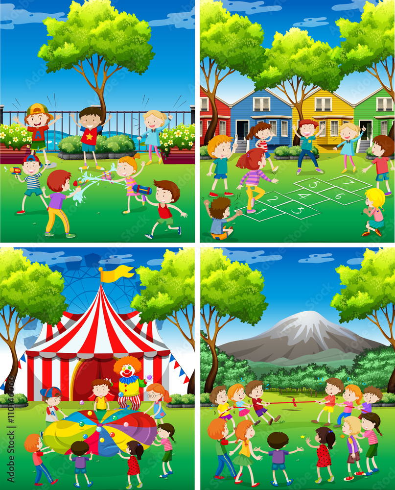 Four scene of children playing in the park