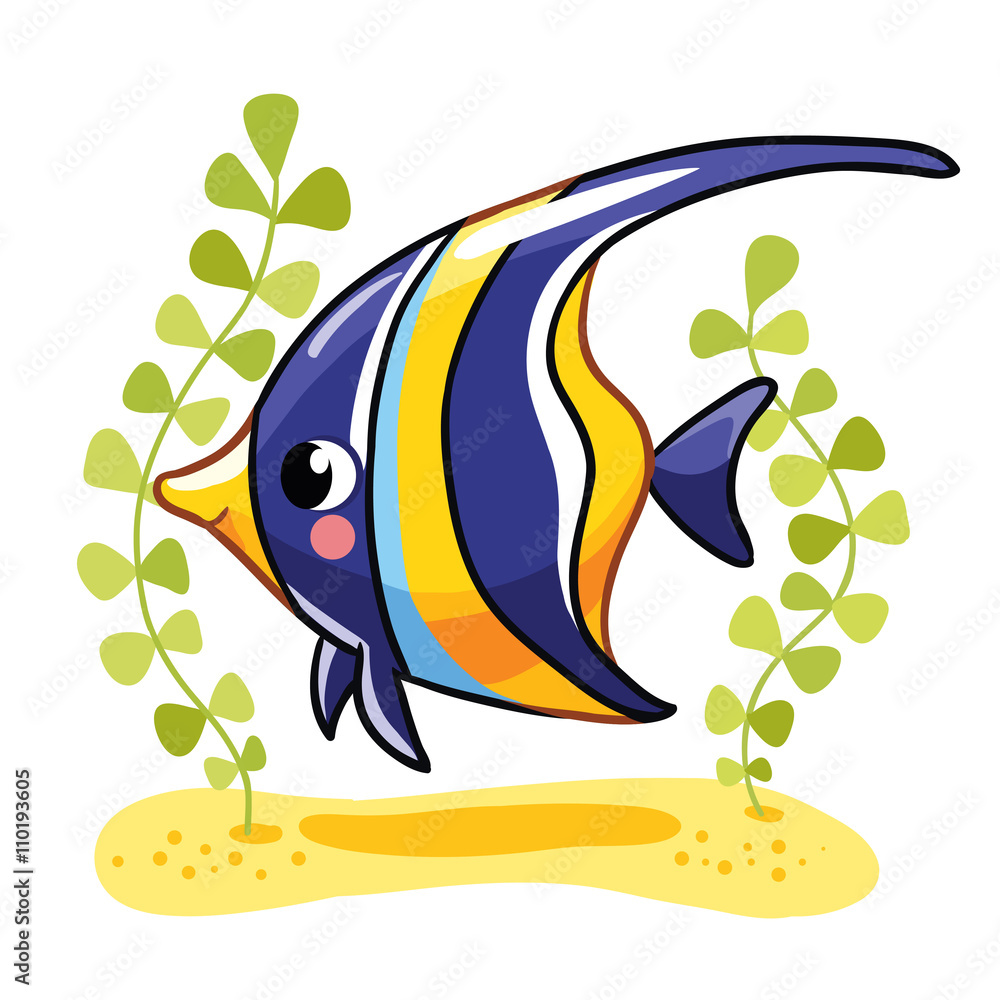 Cute fish zanclus in vector illustration. Tropical reef fish isolated on white background. Kids fish