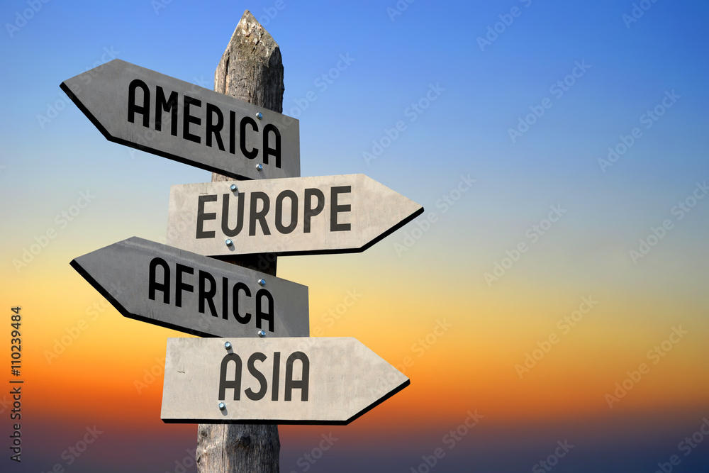 美国、欧洲、非洲、亚洲路标