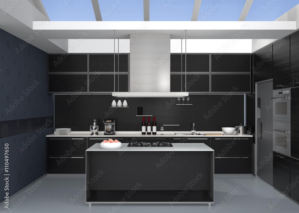 现代厨房内部，配有黑色协调的智能电器。3D渲染图像。