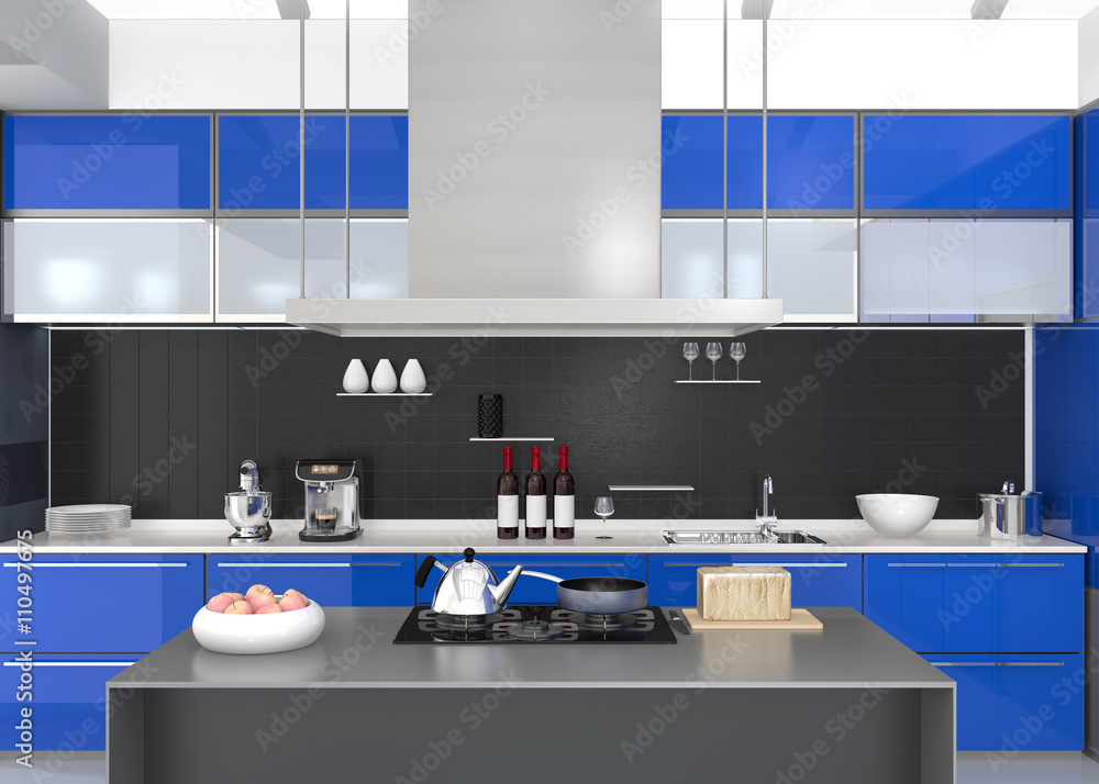 现代厨房内部，配有蓝色协调的智能电器。3D渲染图像。