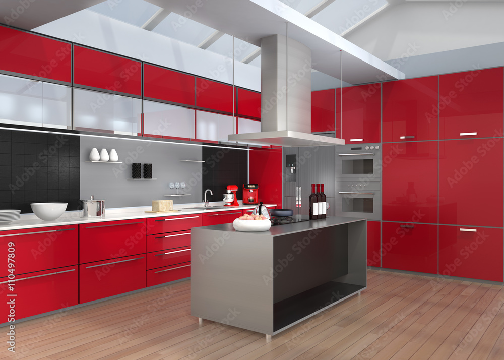 现代厨房内部，配有红色协调的智能电器。3D渲染图像。