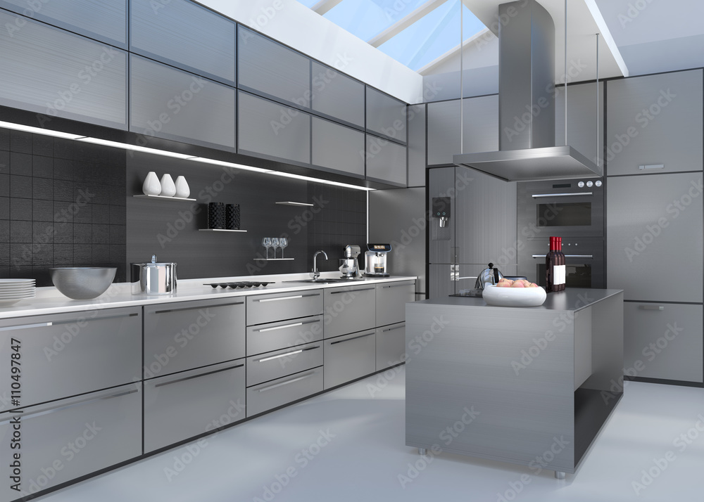 现代厨房内部，配有银色协调的智能电器。3D渲染图像。