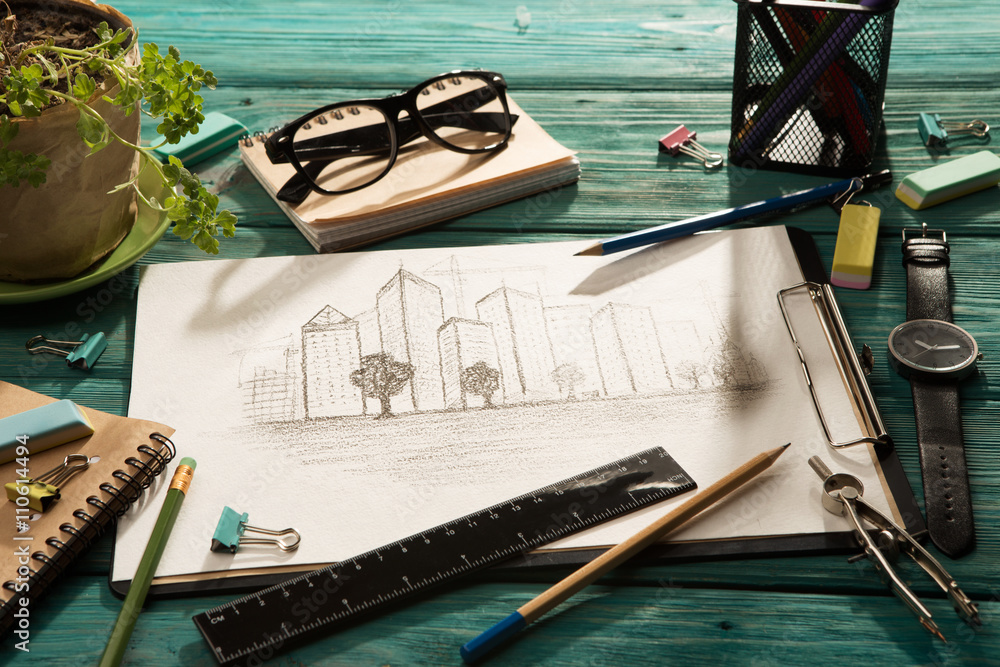 sketch of architecture on the desk