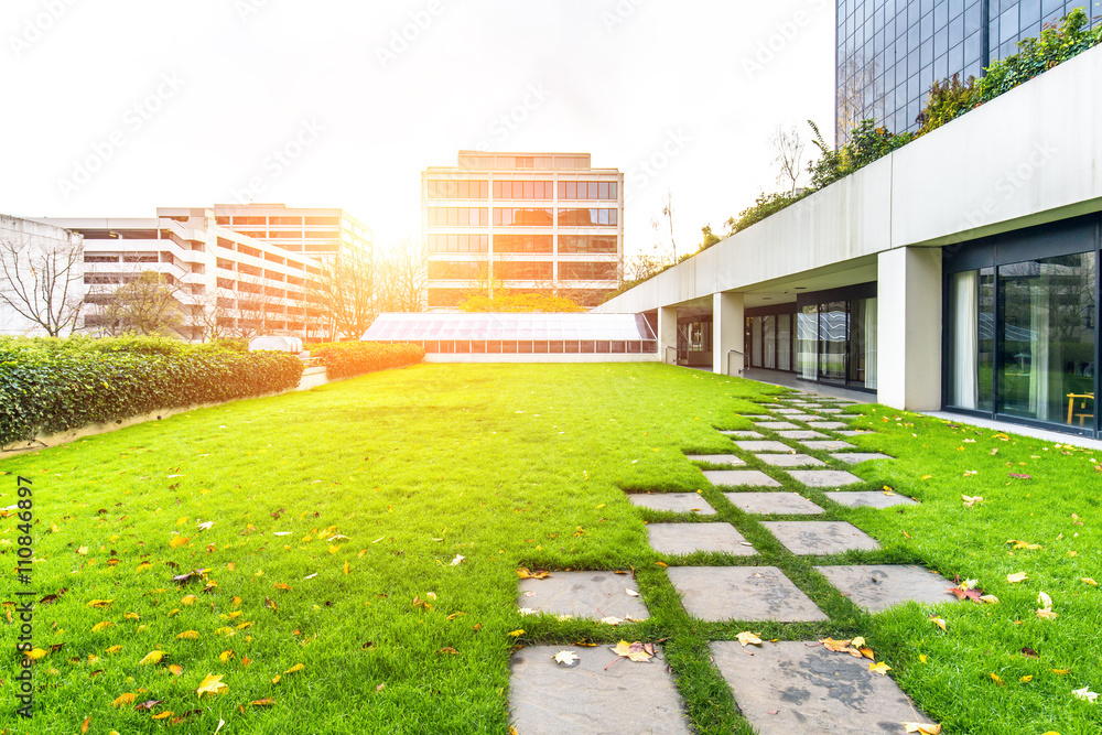 empty pavement in grassland and modern office buildings at sunri
