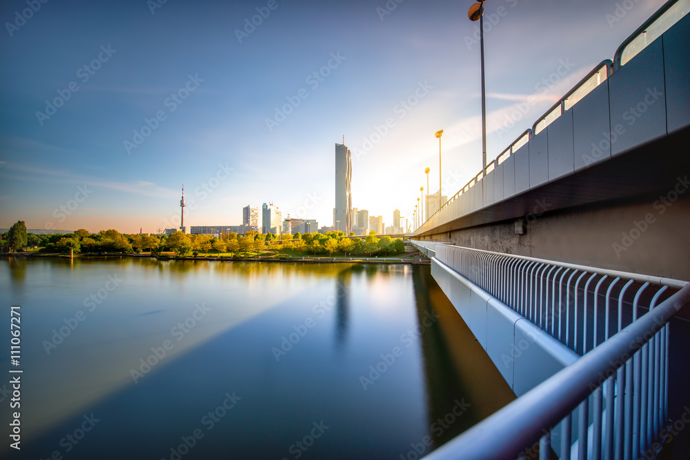 View on Donaucity with bridge in Vienna in the morning. Wide angle image with long exposure technic 