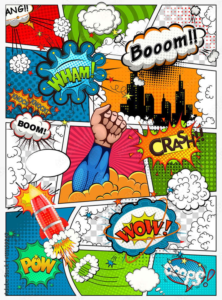 漫画页面按线条划分，有语音气泡、火箭、超级英雄和音效。复古bac