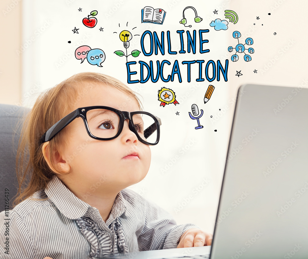 Online Education concept with toddler girl