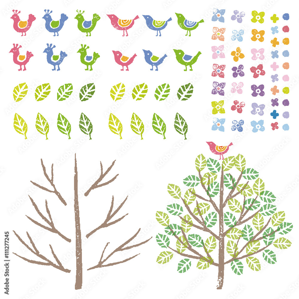 鳥、葉、花、木のグラフィック素材