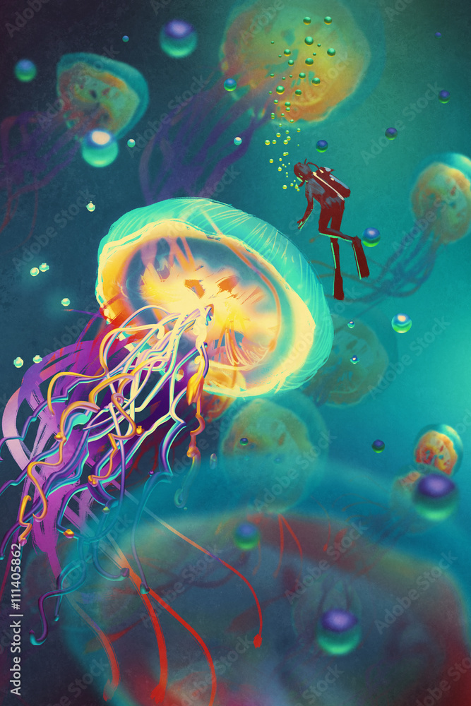 big jellyfishes and diver in fantasy underwater,illustration