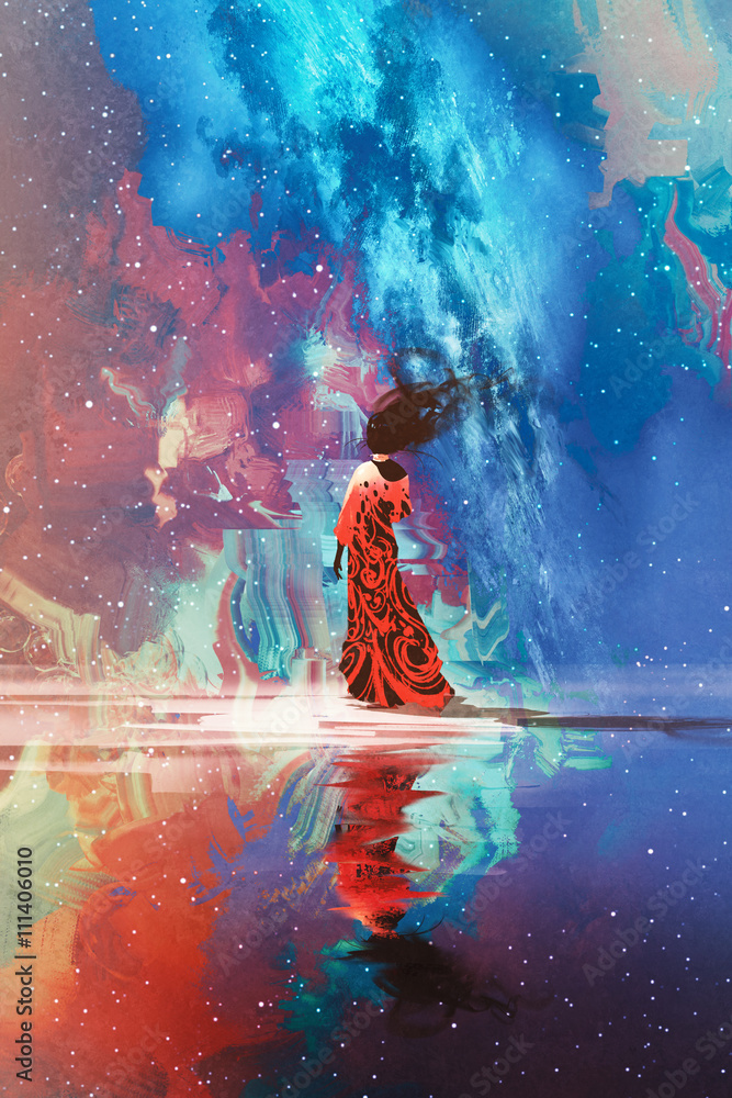 woman in dress standing on water against Universe filled with stars,illustration