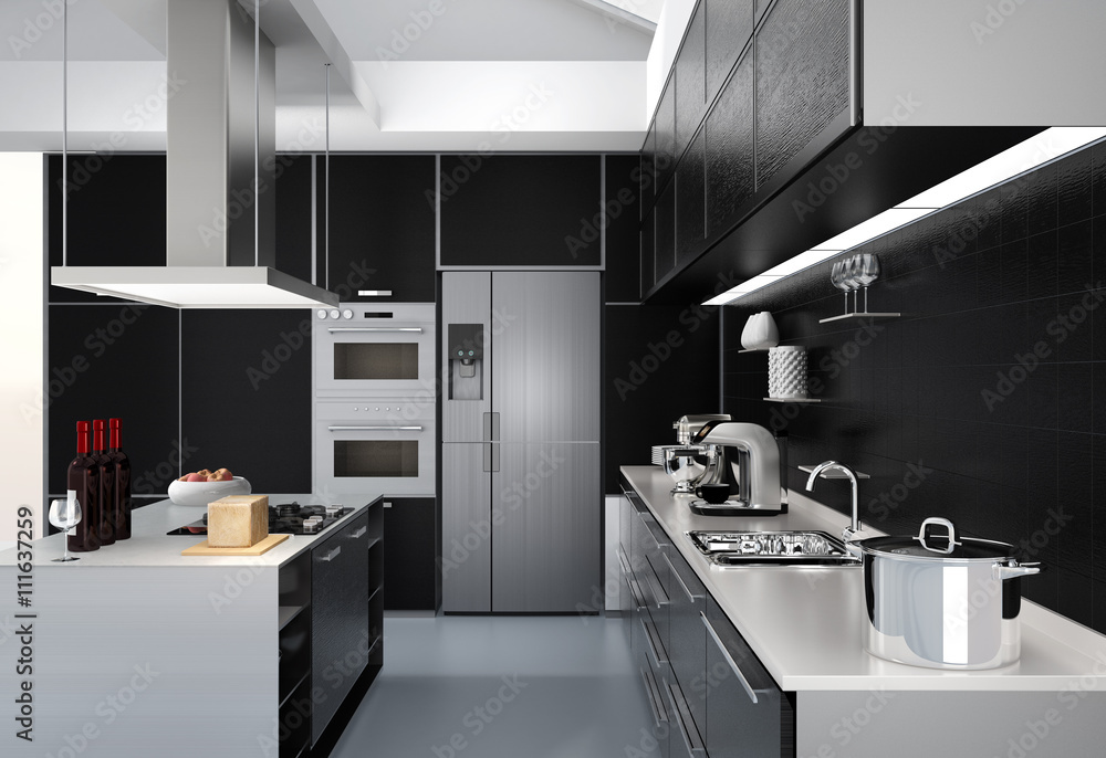 现代厨房内部，配有黑色协调的智能电器。3D渲染图像。