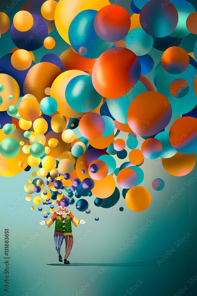 带彩色气球的滑稽小丑，插画艺术
