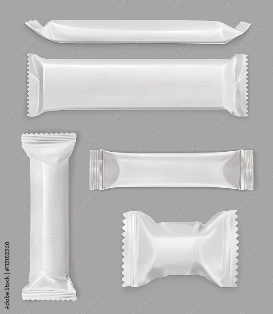 白色聚乙烯包装、巧克力棒、矢量模型套装