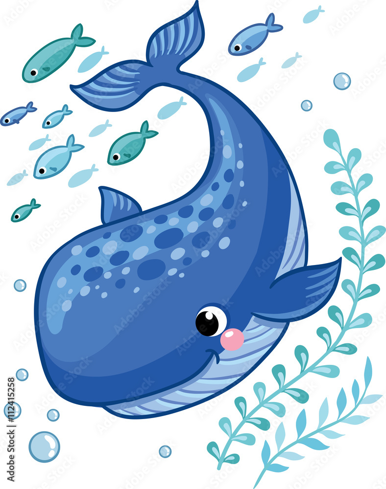卡通幼鲸被小海鱼、海藻和气泡包围。ca中的矢量插图