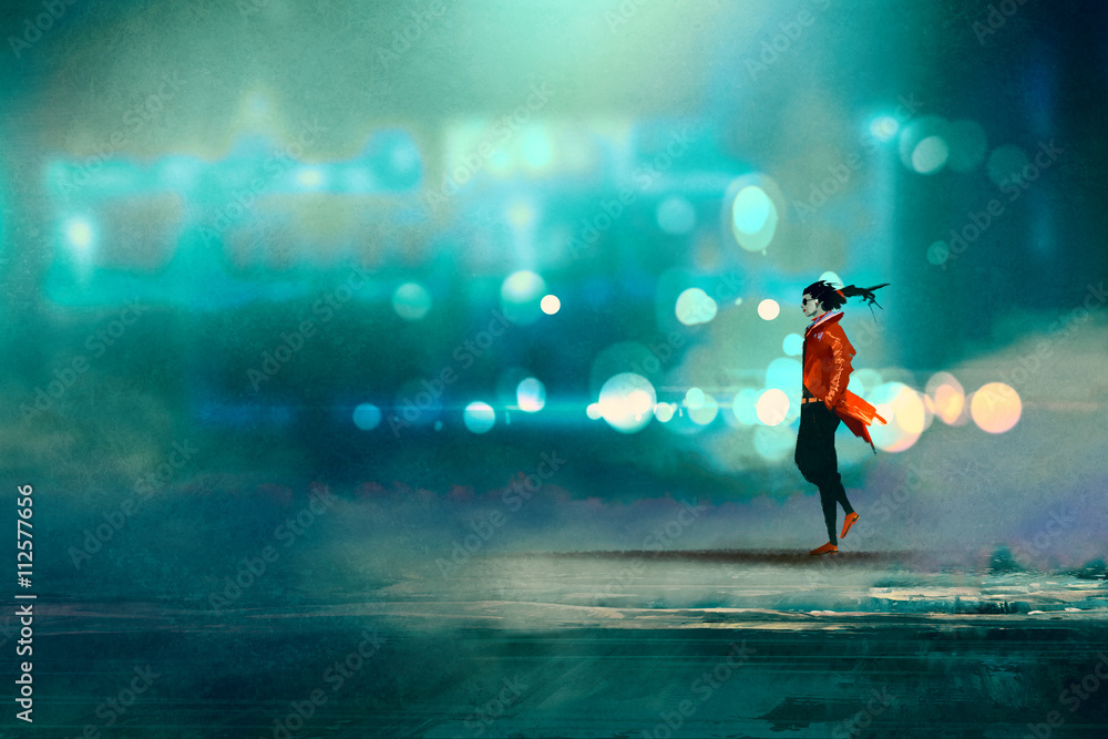 城市里夜晚行走的男人，华丽的冷博克背景，插图