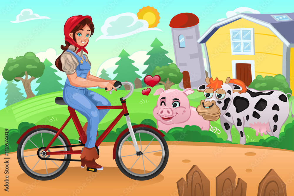 女孩在农场里骑自行车