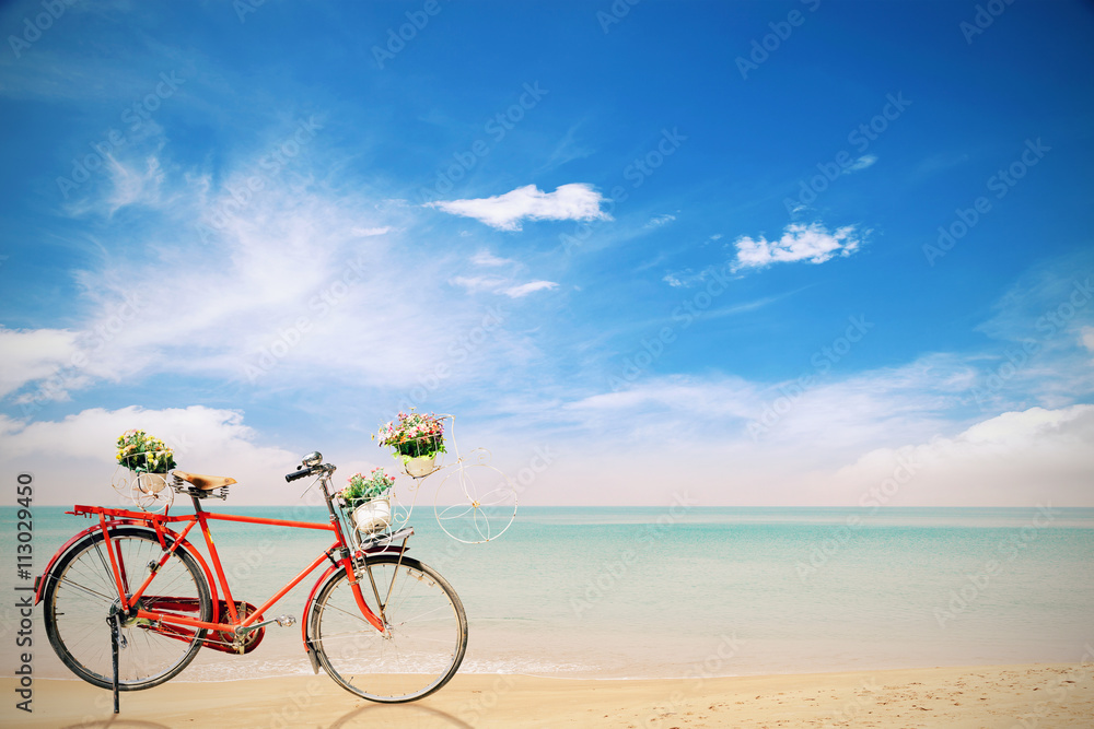 热带美丽海滩上的带篮子花朵的旧红色自行车