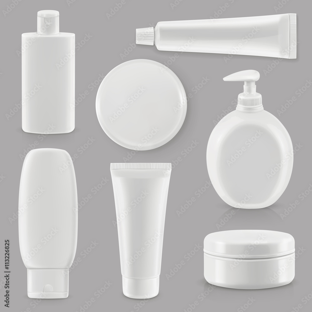 Cosmetics and hygiene, plastic packaging, vector set mockup
