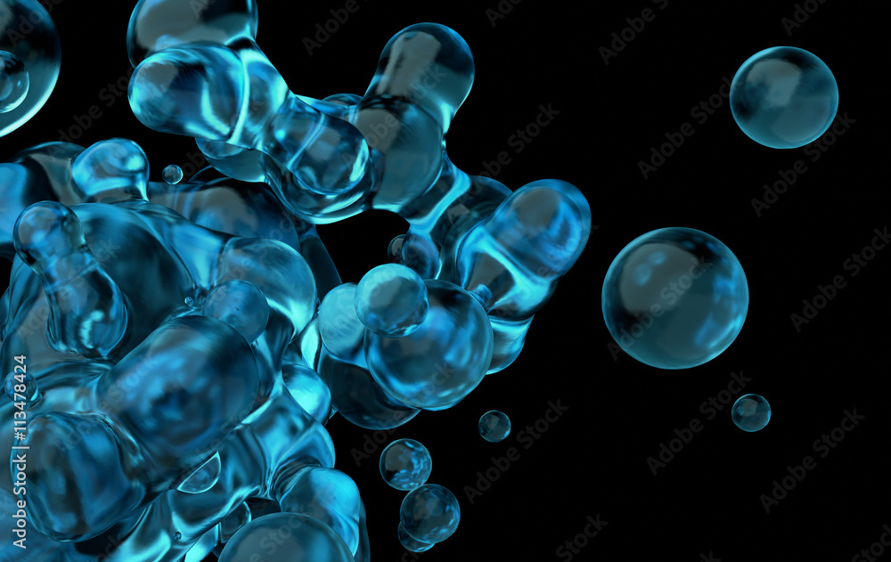 Abstract 3d rendering of chaotic liquid in empty space. Background with dynamic fluid splash. Design