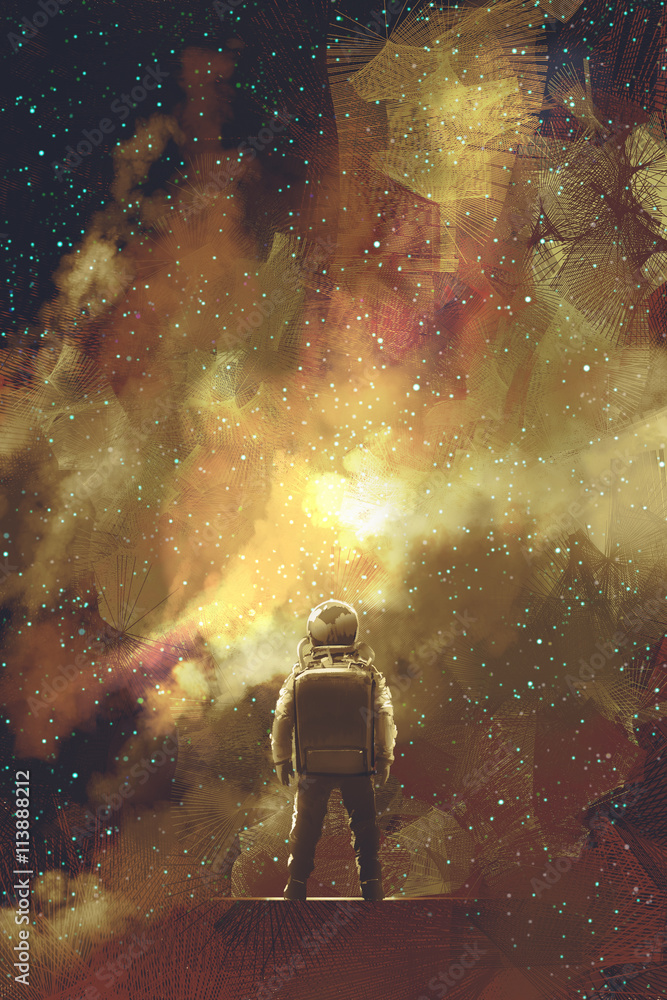 宇航员站在宇宙恒星对面，充满插图