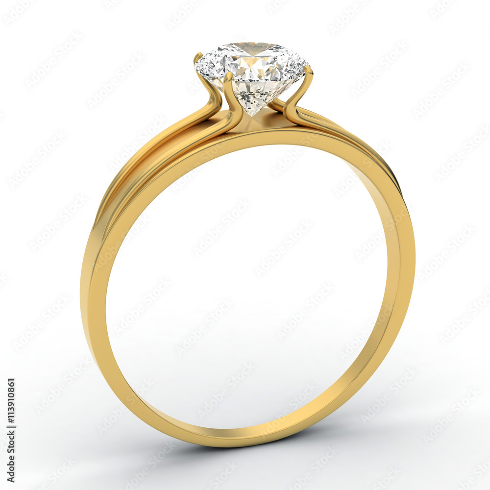 Gold Diamond ring isolated on white background. 3d