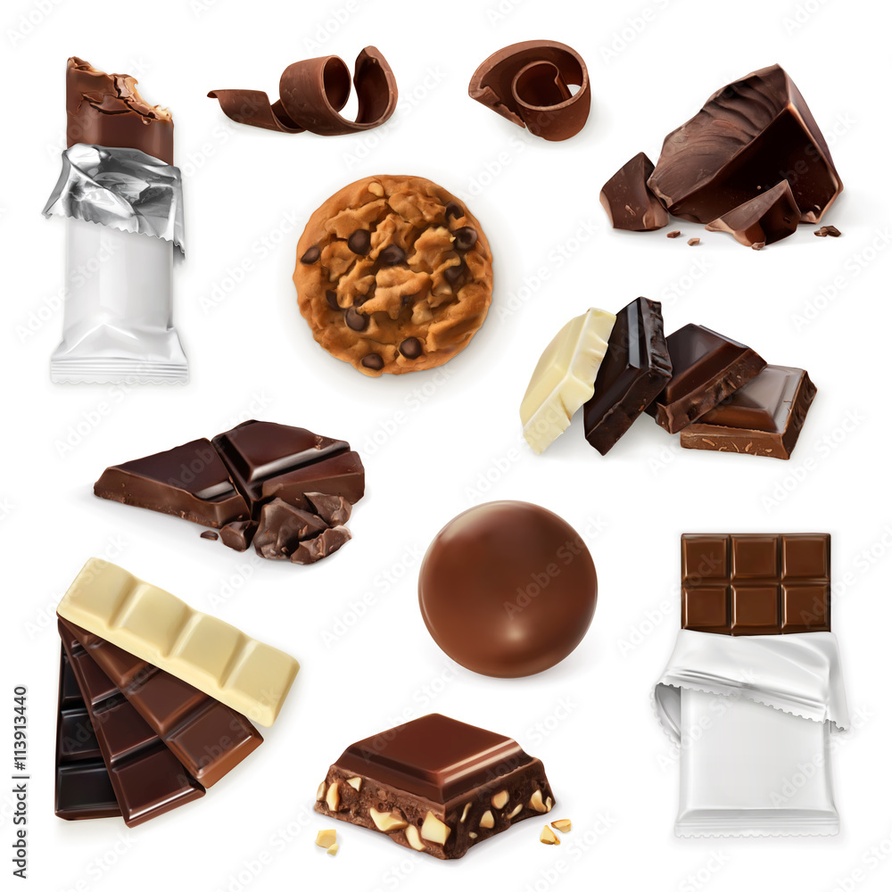 Chocolate, vector icon set. Different kinds of cacao products: energy bar, candy, chocolate pieces, 