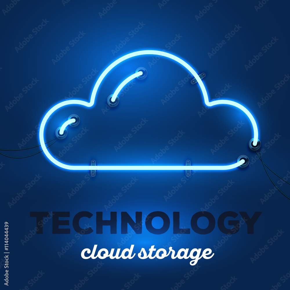 Vector illustration of realistic neon cloud with wires and text
